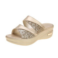 Women's summer outdoor sandals fashionable new thick-soled platform wedge heels ladies versatile fish-mouth sandals mother's shoes  Gold-color