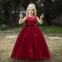 Kids Girls Bowknot Decor Mesh Princess Sleeveless Dress  Burgundy