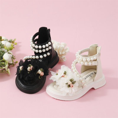 Toddler Girl Mesh and Floral Decor Open Toed High-top Pearl Sandals