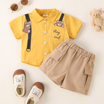 بدلة قميص الصبي بأكمام قصيرة بياقة مستديرة وطبعة Cute Bear