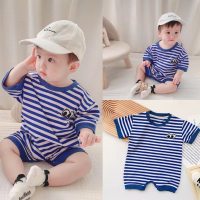 Summer baby jumpsuit cotton cartoon dinosaur half-sleeved crawling suit 0-1 year old baby patchwork short-sleeved jumpsuit  blue strips