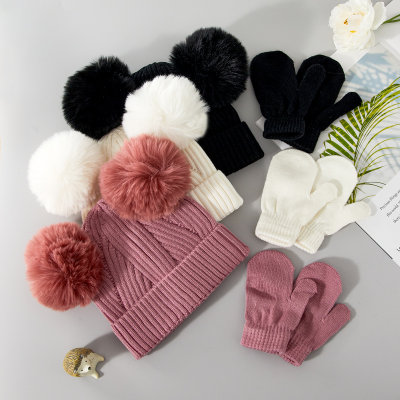 Cappello decorativo con pompon in tinta unita da bambina in 2 pezzi e guanti coordinati