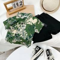 Children's summer vacation style suit short-sleeved printed Hong Kong style shirt boy summer lapel cardigan + casual shorts  Green