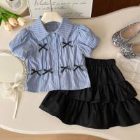 Girls suit summer new striped shirt suit skirt pleated skirt two-piece suit  Blue