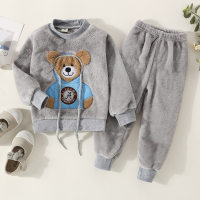Toddler Boy Bear Pattern Coral Fleece Long Sleeve Suit  Gray