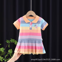 Baby girl summer dress 1-2-3 years old 4 girls fashionable summer dress infant lapel striped short-sleeved pleated skirt  Pink