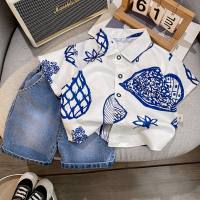 Children's clothing 2024 new boys summer shirt suit stylish two-piece short-sleeved children's baby clothes shirt  Blue