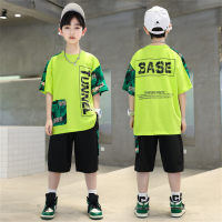 Boys summer suits summer boys middle and large children short-sleeved shorts summer children handsome two-piece suits  Green