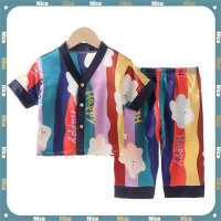 Nuevos pijamas de satén para niños, ropa de hogar de seda helada de satén para niños, ropa de aire acondicionado de manga corta, traje de dos piezas  Multicolor