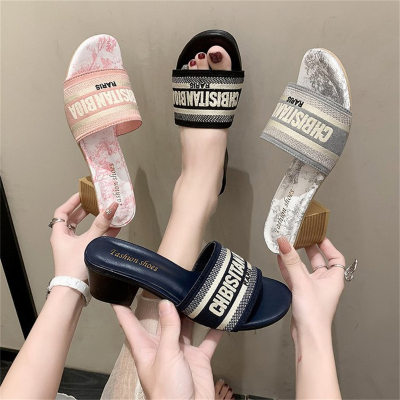 Embroidered letter slippers for women summer outdoor wear ins all-match high heels