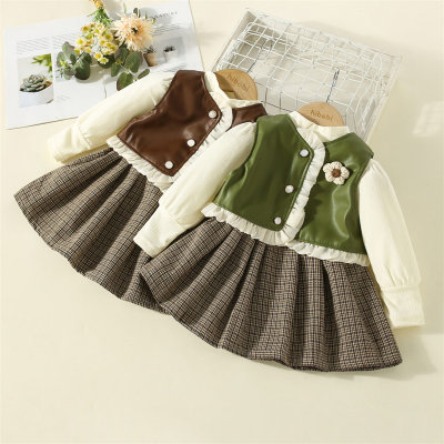 3-piece Toddler Girl Solid Color Long Sleeve Top & Ruffle Patchwork Flower Decor Button-up Vest & Plaid Pleated Skirt