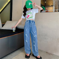 Traje de jeans de conejito para niñas, traje de dos piezas para niñas, ropa de verano para estudiantes, combina con todo  Blanco