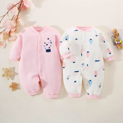 Brother and Sister Pure Cotton Star and Tree Pattern Seamless Button-up Long-sleeved Long-leg Romper