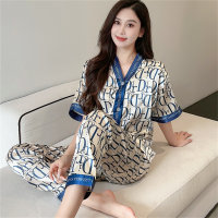Ice silk printed two-piece set for fat women plus size  Blue