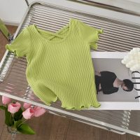 Camiseta de manga corta cruzada en la espalda a la moda para niñas, novedad de verano 2024, Top informal versátil de Color sólido para niños de estilo coreano  Verde