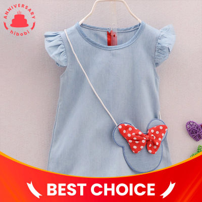 Toddler Cute Ruffled-sleeve Short Dress with Cartoon Polka Dot Bag