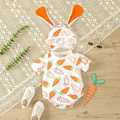 2024 Summer New Baby Clothes Baby Easter Cartoon Live Carrot Print Short-Sleeved Harness + Rabbit Ear Hat