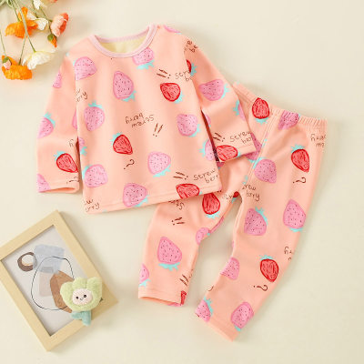 2-piece Toddler Girl Allover Strawberry Pattern Long Sleeve Fleece-lined Top & Matching Pants