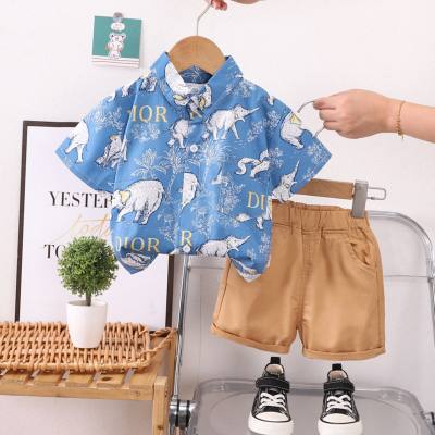 New summer style for small and medium children, comfortable and fashionable full-print elephant shirt short-sleeved suit, fashionable boy summer shirt suit