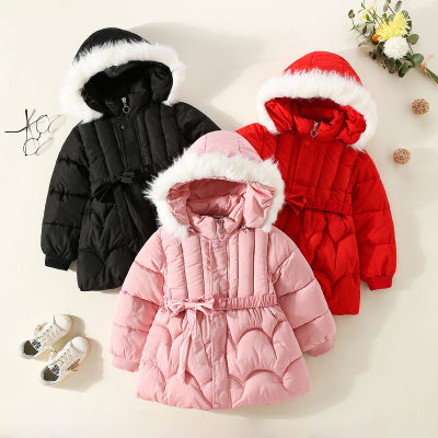 Toddler Girl Solid Color Hooded Bowknot Belted Zip-up Cotton-padded Jacket
