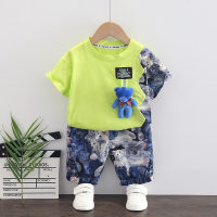 Comercio exterior ropa de verano para niños oso colgante para niños conjunto informal coreano de dos piezas de 0 a 5 años 4 pantalones cortos traje de verano para niños  Verde