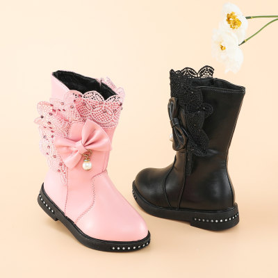 Kid Girl Solid Color Lace Spliced Bowknot Decor Boots