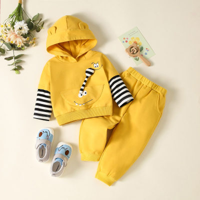 Baby Solid Color Stripes Hooded Sweater & Pants