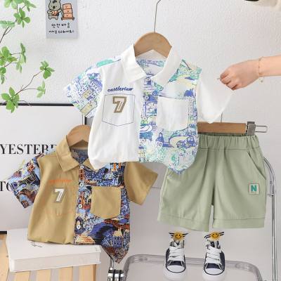 Children's short-sleeved shirt two-piece summer seaside boy shirt baby boy summer top boy shorts suit