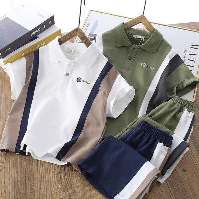 Boys short-sleeved suits summer new children's lapel POLO shirts thin medium and large children's casual trendy two-piece suits