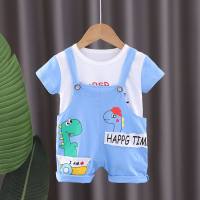 Summer new boys round neck solid color casual short-sleeved denim bear overalls baby two-piece set  Blue