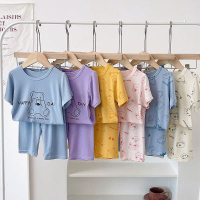 Summer children's cute cartoon elastic air-conditioning home clothes boys and girls short-sleeved cropped pants pajamas two-piece set