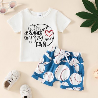 Summer baby boy's letter heart print short-sleeved top + tennis full print shorts two-piece set