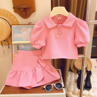 Girls' small and medium children's buckled bubble lapel short-sleeved short skirt two-piece suit summer fashion new style  Pink