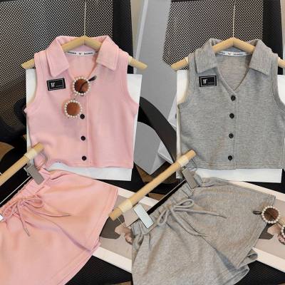 2024 Korean new style girls shorts suit summer lapel sleeveless vest small children's casual two-piece suit trendy