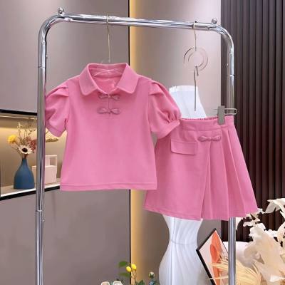 Filles nouveau style chinois T-shirt à manches courtes jupe plissée deux pièces été couleur unie polyvalent style étranger style coréen costume tendance pour enfants