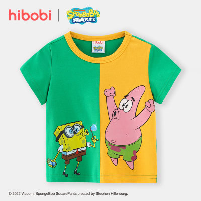 Hibobi x SpongeBob - Camiseta de algodón para niños pequeños, informal, con contraste de colores