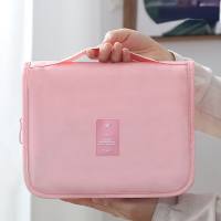 Bolsa de cosméticos de sarga, bolsa de lavado femenina simple coreana portátil, bolsa de gancho para bolsa de cosméticos para hombres de gran capacidad  Rosado