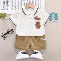 Boys summer short-sleeved suit fashionable striped polo shirt two-piece suit  Beige
