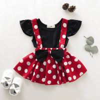 Summer Minnie Girls Suit Baby Girl Flying Sleeve T-shirt Polka Dot Overall Skirt Two-piece Suit  Red