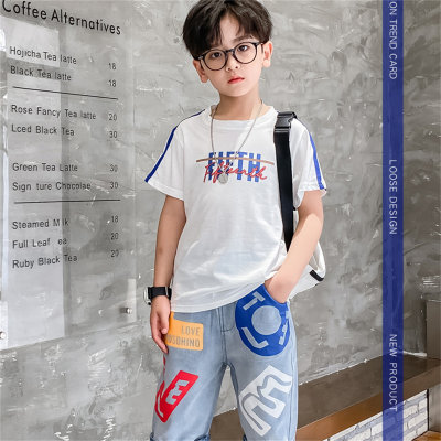 Boys denim shorts two-piece set medium and large children's letter print thin summer clothes