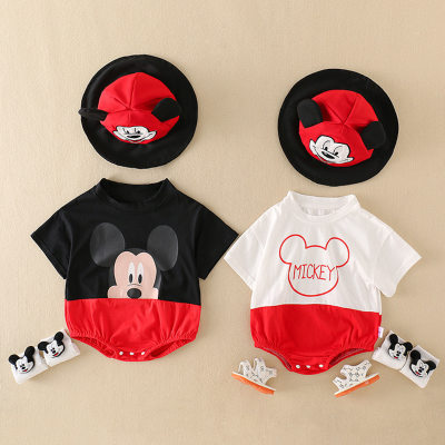 Roupas de bebê de verão, terno fofo e super fofo, manga curta, fino, respirável, desenho animado Mickey na moda com capuz triangular