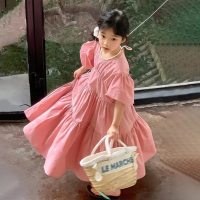 Girls Puff Sleeve Dress 2024 Spring and Summer New Children's Princess Skirt Fashionable Cute Sweet Puff Skirt  Pink