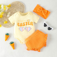 Easter children's clothing 2024 new summer style baby girl sweet short-sleeved letter khaki bunny tail shorts suit  Yellow