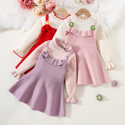 Toddler Girl Color-block Patchwork Ruffled Neck Flower Decor Long Sleeve Knitted Dress