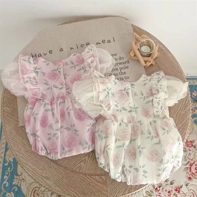 Summer new fashionable baby girl full-print rose puff sleeves double-layer one-piece bodysuit princess fashion harem