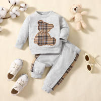 2-piece Baby Boy Plaid Bear Patchwork Long Sleeve Top & Plaid Patchwork Cropped Pants  Light Gray