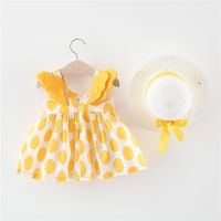 ملابس أطفال صيفية وصلت حديثاً فستان أميرة بناتي كبير بأجنحة منقط مع قبعة فستان شاطئ  أصفر