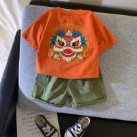 Children's clothing boys summer short-sleeved suit trendy baby shorts T-blood summer fashionable two-piece suit  Orange