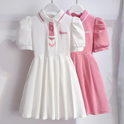Girls Dress Summer 2024 New Style Girls Style Puff Sleeve College Style Polo Skirt Children's Korean Style Skirt
