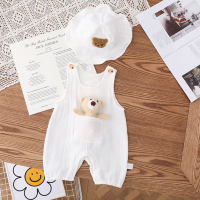 Newborn gauze jumpsuit summer boys and girls baby hooded jumpsuit infant cartoon sleeveless outdoor climbing clothes  White